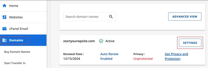 Bluehost domain settings
