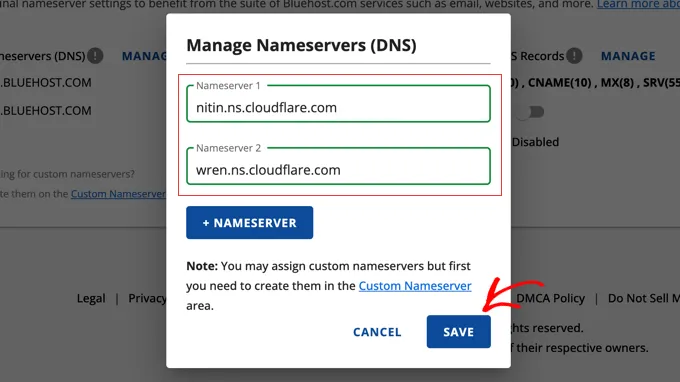 Bluehost manage nameservers