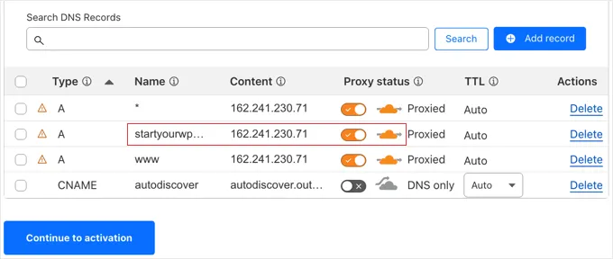 CloudFlare DNS records