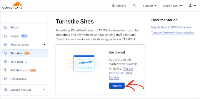 Cloudflare Turnstile add site