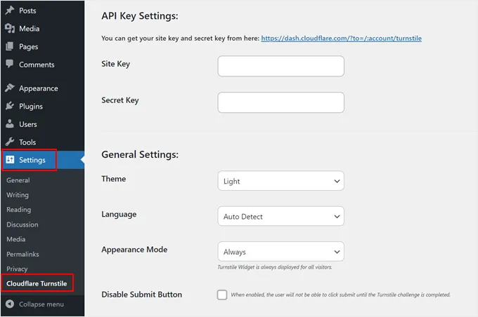 Cloudflare Turnstile settings