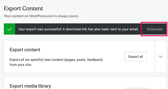 Download the export file from wp.com