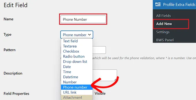 add field name and type